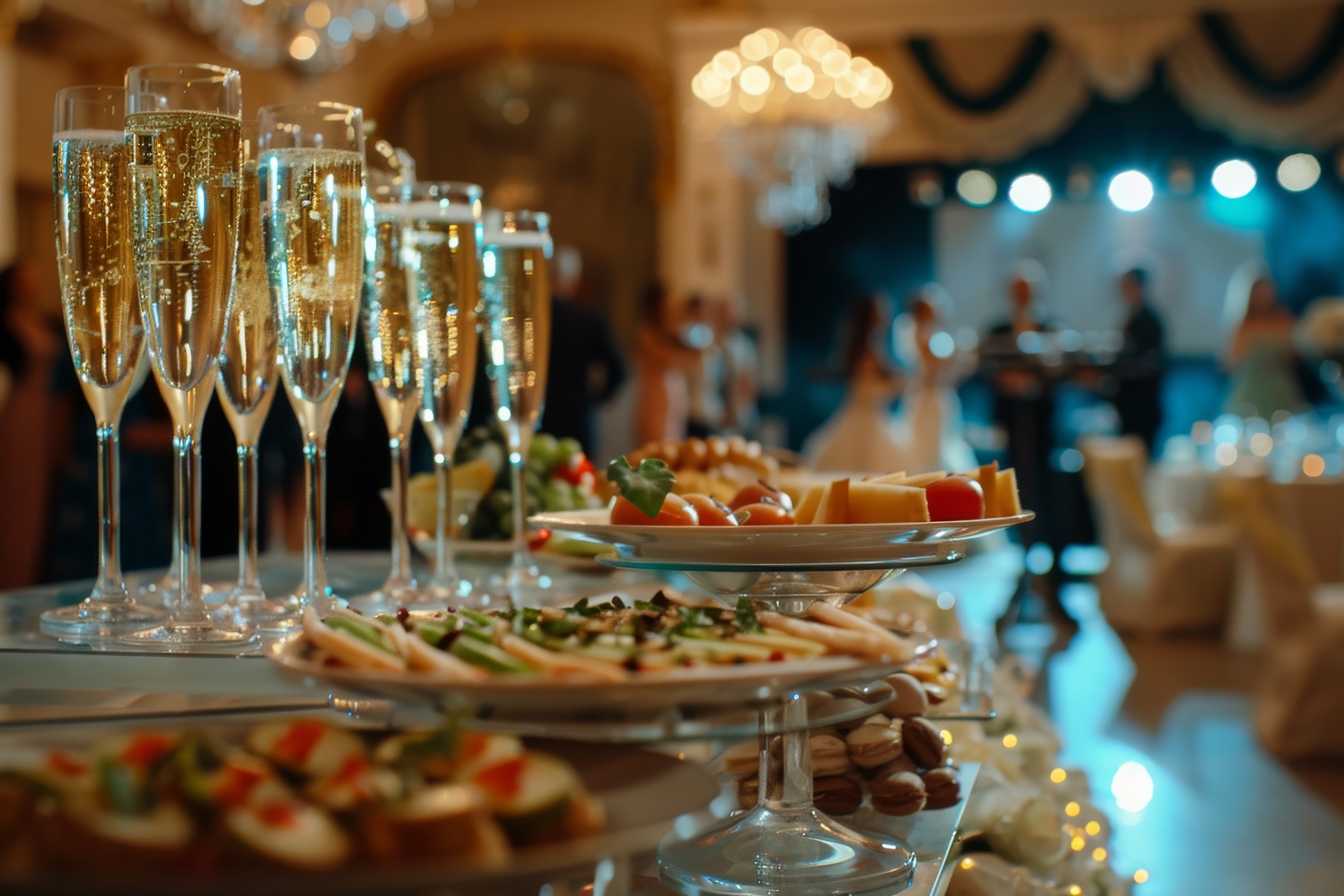 An elegant champagne glass and food appetizer on a table at a wedding reception. Stylish caterers at a celebration. Serving food and drinks at events