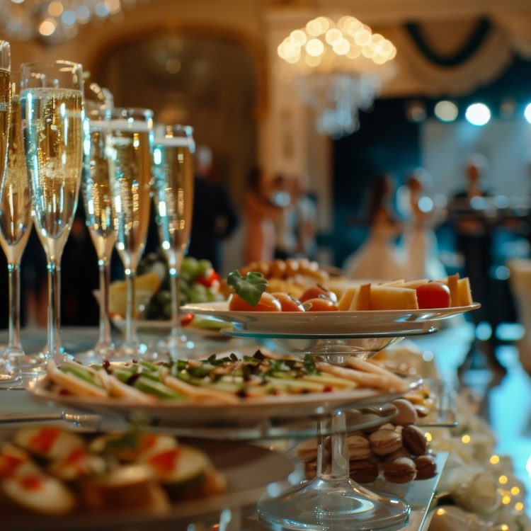 An elegant champagne glass and food appetizer on a table at a wedding reception. Stylish caterers at a celebration. Serving food and drinks at events