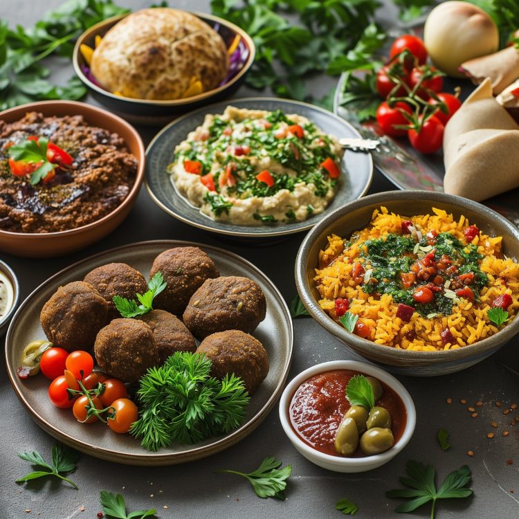 Middle Eastern or Arabic dishes assorted meze, meat kebab, falafel, baba ganoush, muhammara, hummus